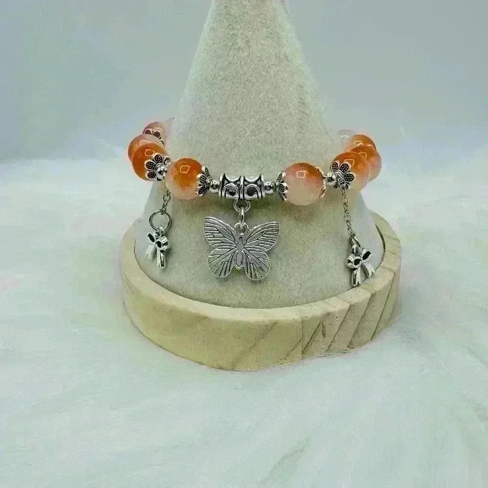 Gradient Glass Bead Bracelet with Butterfly Charms